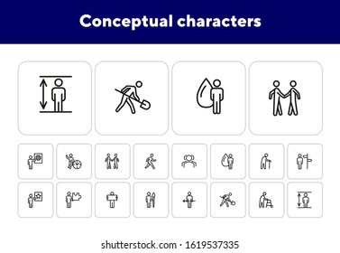 Conceptual characters line icon set. Digger, old man with cane, artist. People concept. Can be used for topics like age, occupation, job