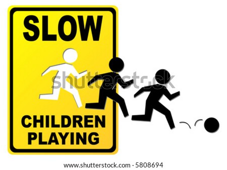 Conceptual children playing sign isolated over white background