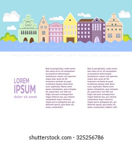 Conceptual city flat design with houses, river, vector illustration, cartoon style. Architectural background for flyer or banner design