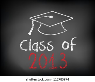 Conceptual Class of 2012 statement written on black chalkboard and graduation cap. Vector Illustration.