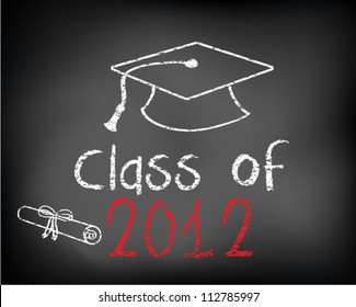 Conceptual Class of 2012 statement written on black chalkboard and graduation cap. Vector Illustration.