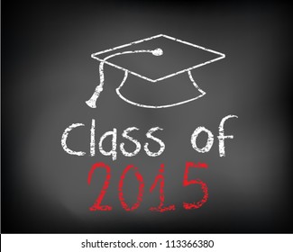 Conceptual Class of 2015 statement written on black chalkboard and graduation cap.