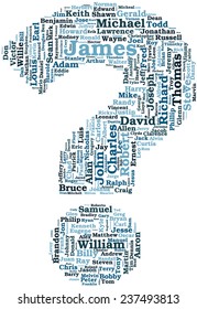 Conceptual cloud containing a hundred most common american and english personal male names with ten most common names emphasized with size