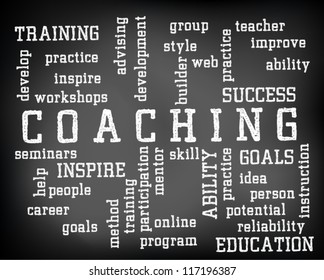 Conceptual coaching word cloud written on black chalkboard and white chalk. Presentation template. Vector Illustration.