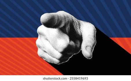 Conceptual collage vector illustration with the index finger pointing or gesturing towards you.