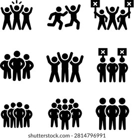 Conceptual collection of simplified human figures expressing unity dissent and collective action. Ideal for business and social themes.