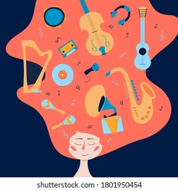 Conceptual colorful flat background. Musical instruments in hair. Abstract vector illustration 