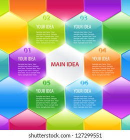 Conceptual colorful polyhedrons with info and numbers. Useful for banner design, business concept, website or web ad. Creative Illustration with numbers and place for text