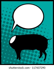 Conceptual comic style graphic of a headless pig and speech bubble