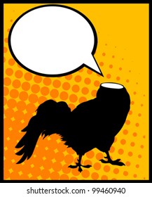 Conceptual comic style graphic of a headless rooster and speech bubble