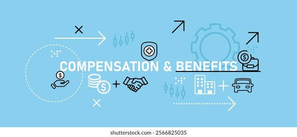 Conceptual compensation and benefits design featuring employee payroll bonuses career rewards transport healthcare insurance work profit represented through icon outline set collection