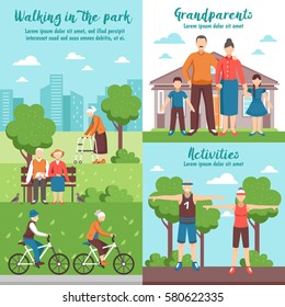 Conceptual composition of active senior people banners with flat faceless characters walking park outdoor sport activities vector illustration
