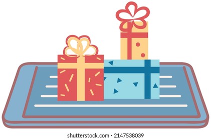 Conceptual composition with c gift box on phone touchscreen. Stack of presents on smartphone screen. Application for buying and ordering holiday gifts. Shopping app design vector illustration