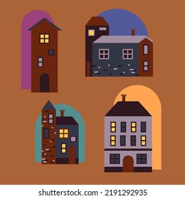 Composición conceptual de las casas de estilo plano. Una serie de adorables íconos con casas en colores pastel.