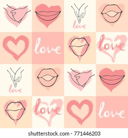 Conceptual composition of love icons with hands, lips, kisses and hearts. Vector image hand drawn.