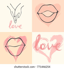 Conceptual composition of love icons with hands, lips, kisses and hearts. Vector image hand drawn.