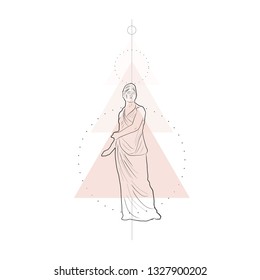 Conceptual composition with marble sculpture goddess and geometric shapes. Linear sketching of female figure in minimalism style. Idea for tattoo, prints, wall art. 