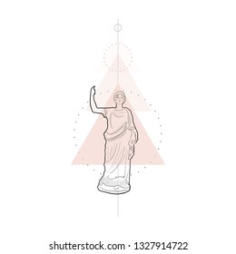 Conceptual composition with marble sculpture goddess and geometric shapes. Linear sketching of female figure in minimalism style. Statue of woman. Idea for tattoo, prints, wall art. 