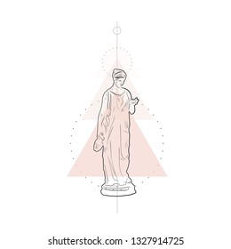 Conceptual composition with marble sculpture goddess and geometric shapes. Linear sketching of female figure in minimalism style. Statue of woman. Idea for tattoo, prints, wall art. 