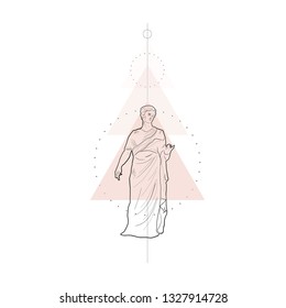 Conceptual composition with marble sculpture goddess and geometric shapes. Linear sketching of female figure in minimalism style. Statue of woman. Idea for tattoo, prints, wall art. 