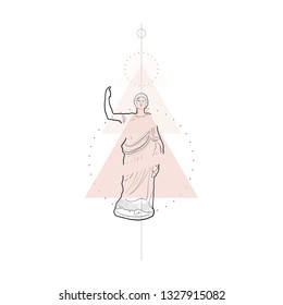 Conceptual composition with marble sculpture goddess and geometric shapes. Linear sketching of female figure in minimalism style. Statue of woman. Idea for tattoo, prints, wall art. 