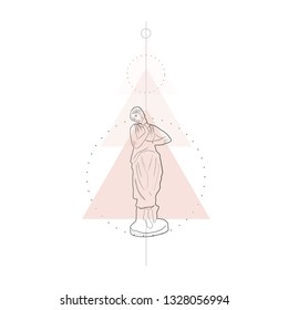 Conceptual composition with marble sculpture goddess and geometric shapes. Linear sketching of female figure in minimalism style. Statue of woman. Idea for tattoo, prints, wall art. 