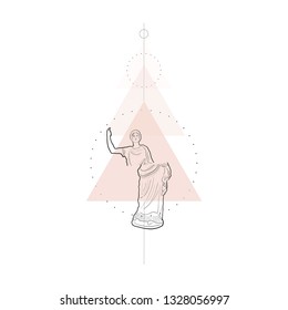 Conceptual composition with marble sculpture goddess and geometric shapes. Linear sketching of female figure in minimalism style. Statue of woman. Idea for tattoo, prints, wall art. 