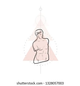 Conceptual composition with marble sculpture goddess and geometric shapes. Linear sketching of female figure in minimalism style. Statue of woman. Idea for tattoo, prints, wall art. 