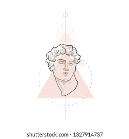 Conceptual composition with marble sculpture head of David and geometric shapes. Linear sketching. Idea for tattoo, prints, wall art. 