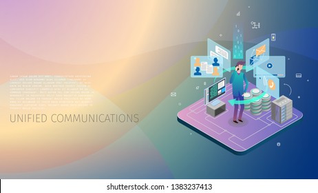  conceptual composition with a person interacting with a system of unified automatic communications, a server, a data base, an energy core and a control computer, metaphoric business illustration