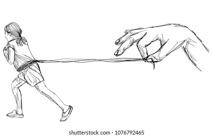 Conceptual Control little girl with big hand pulling her daughter tied up