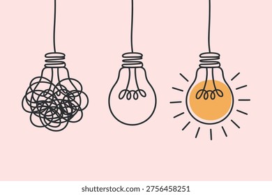 Conceptual the creative process moving from tangled confusion to a bright illuminated idea