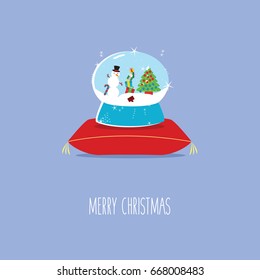conceptual or creativity greeting card flat design style cartoon isolated vector & glass ball on a pillow with snow & snowflakes. one snowman, Christmas tree, gifts & santa claus. merry christmas time