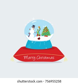 conceptual or creativity greeting card flat design style cartoon isolated vector & glass ball on a pillow with snow & snowflakes. one snowman, Christmas tree, gifts & santa claus. merry christmas time