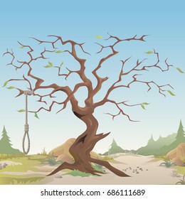 Conceptual cute poster on the topic of suicide. A solitary tree with a bare trunk and gallows with hangman's rope. Justice wild West style. Vector cartoon close-up illustration.