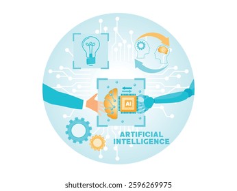 A conceptual depiction of artificial intelligence, showcasing technology, innovation, and collaboration between humans and robotic systems for futuristic advancement. Flat vector illustration
