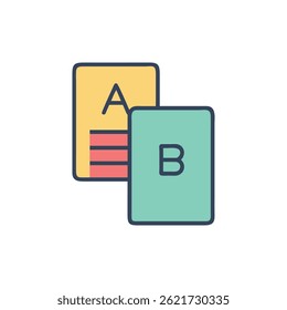 Conceptual design of A B testing using paper sheets. Flat graphic style on a White Background.