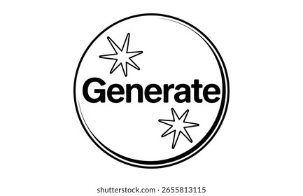 Conceptual design. Black text Generate is featured inside of a circle with two eight-pointed star shapes above and below the text on a white isolated background.