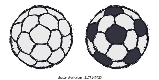 Conceptual design in brush strokes style of a pair of soccer balls, one in outlines and the other colored.