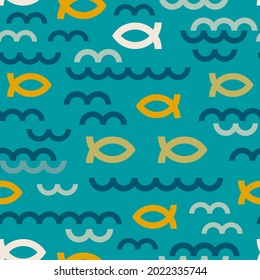 A conceptual design celebrates outdoors adventure, representing water, waves and fish in geometric shapes and elements. Can go on any surface: paper products, textiles, wall coverings or digital realm