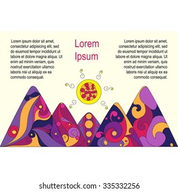 Conceptual design with colorful mountains, sun, sunshine, vector illustration, doodle style