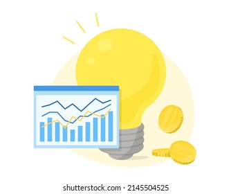 Conceptual design of electricity rates. Vector illustration of money with light bulb and graph chart on white background. 