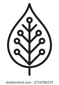 Un diseño conceptual con una hoja estilizada integrada con nodos de circuito digital, presentada en un estilo de silueta atrevida para una representación tecnológica moderna.