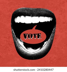 Conceptual design with female open mouth with vote word inside over red background. Voting. Voice of people. Concept of election day, politics, choice, freedom, democracy, human rights.