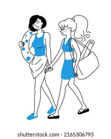 Conceptual design of a gay couple, homosexual women. lGBT- community vector icon in outline. Two young girls hold hands in love. Homosexual relationship vector illustration isolated on white.