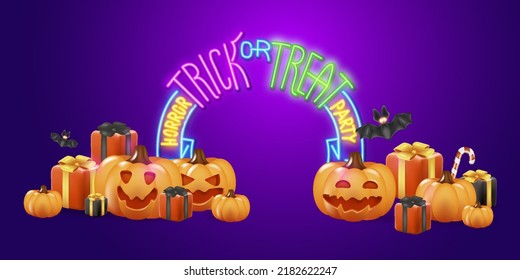 Conceptual design of the Happy halloween vector banner. Happy neon text with scary characters like 3d pumpkin, candy gifts, for a party with tricks and treats.