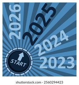 Conceptual design showcasing a start button with overlaid years symbolizing progress and future plans, emphasizing themes of time, objective setting, and sequential years. 