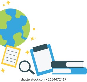 Diseño conceptual que muestra un globo terráqueo con lupa y papeles, simbolizando el aprendizaje global, la investigación y la exploración del conocimiento en el entorno escolar.