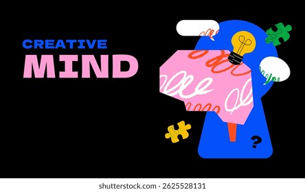 A conceptual design template with a stylized brain Inside the keyhole, inside the keyhole, abstract scribbles, a light bulb, speech bubbles, puzzle pieces and a question mark.