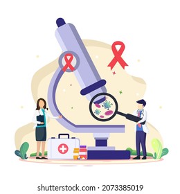 Conceptual Design World AIDS day. Medical workers with an HIV test tube are researching AIDS Blood on World AIDS day. Flat vector template style Suitable for Web Landing Pages.